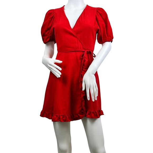 Zara Dresses & Skirts - Women's Zara Red Lined Blend Wrap Puffed Sleeve Mini Dress Size XS